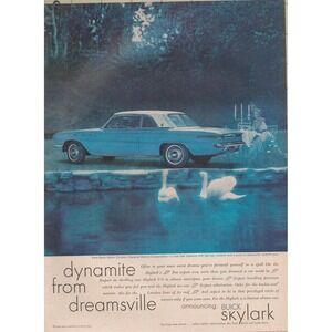 1961 Buick Skylark Vintage Print Ad Blue White Landau Roof Romance Swans On Lake